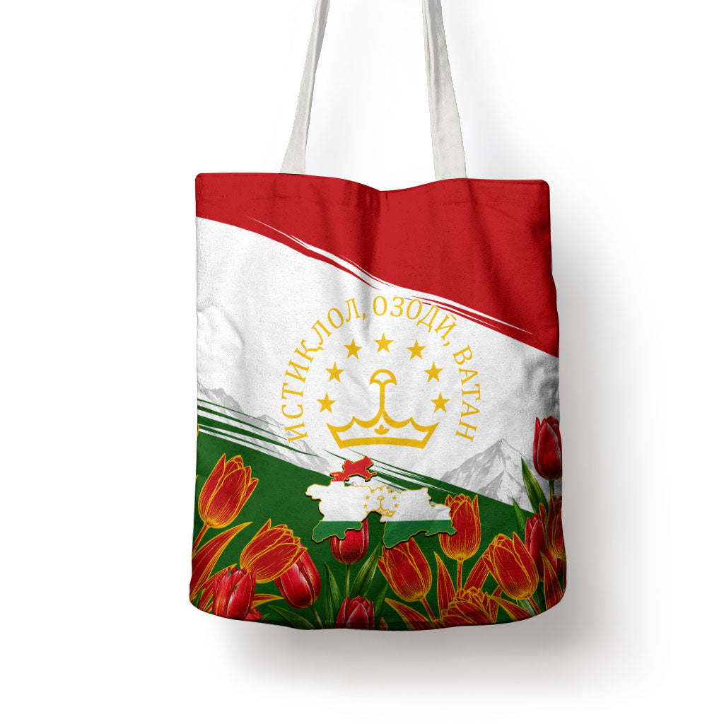 Tajikistan Independence Day Tote Bag Ismoil Somoni Monument Flag Map Red Tulips