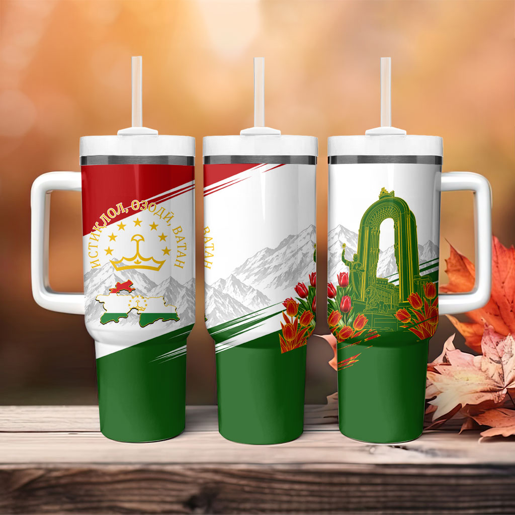 Tajikistan Independence Day Tumbler With Handle Ismoil Somoni Monument Flag Map Red Tulips