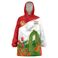 Tajikistan Independence Day Wearable Blanket Hoodie Ismoil Somoni Monument Flag Map Red Tulips