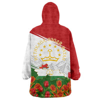 Tajikistan Independence Day Wearable Blanket Hoodie Ismoil Somoni Monument Flag Map Red Tulips