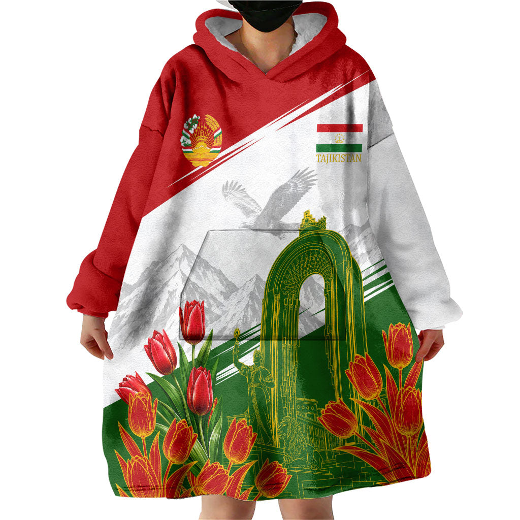 Tajikistan Independence Day Wearable Blanket Hoodie Ismoil Somoni Monument Flag Map Red Tulips