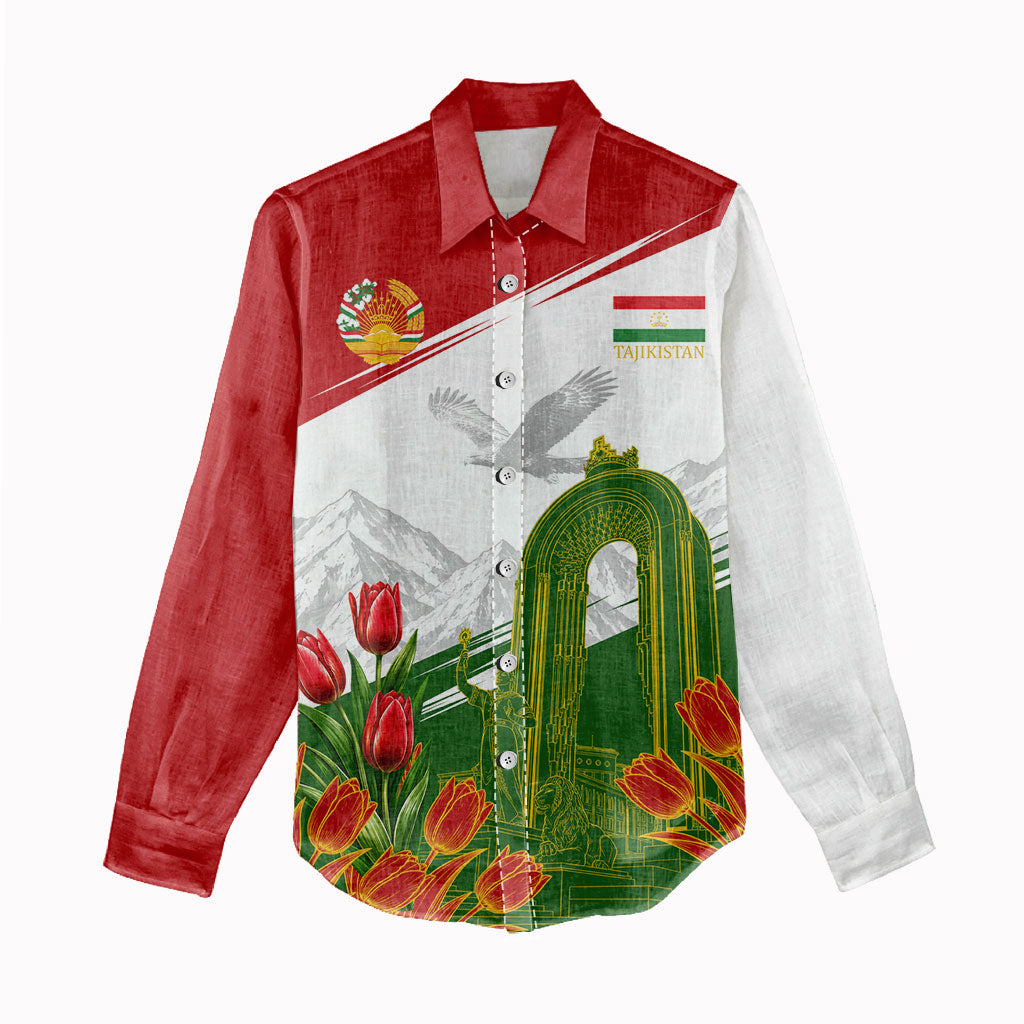 Tajikistan Independence Day Women Casual Shirt Ismoil Somoni Monument Flag Map Red Tulips