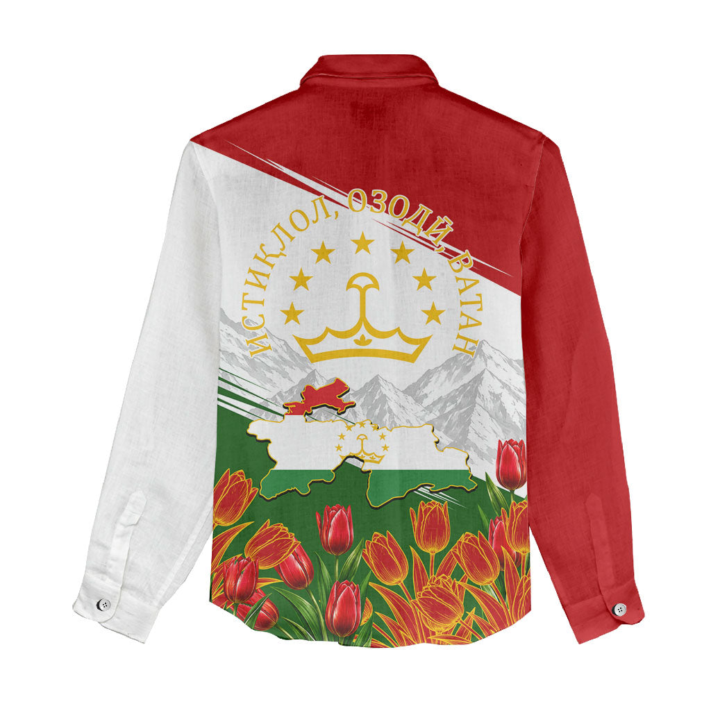 Tajikistan Independence Day Women Casual Shirt Ismoil Somoni Monument Flag Map Red Tulips