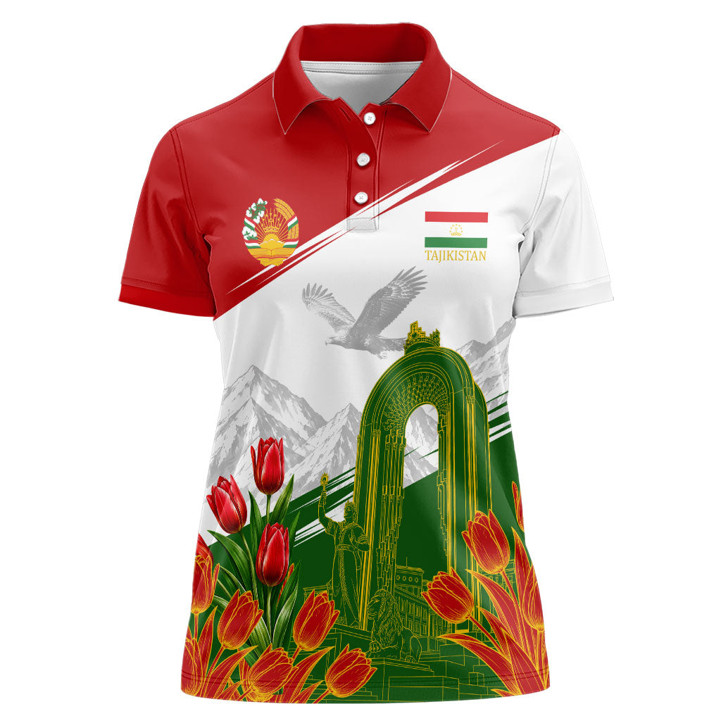 Tajikistan Independence Day Women Polo Shirt Ismoil Somoni Monument Flag Map Red Tulips