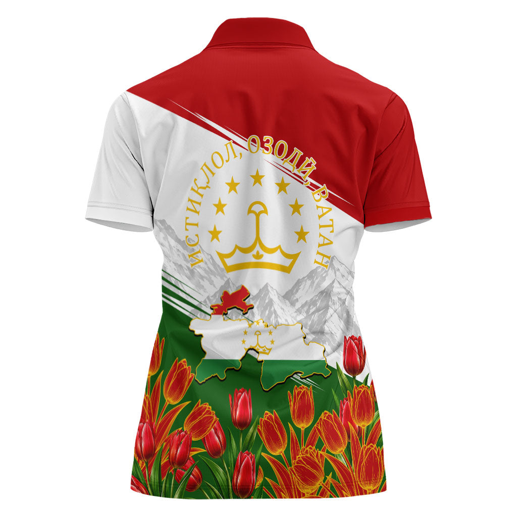 Tajikistan Independence Day Women Polo Shirt Ismoil Somoni Monument Flag Map Red Tulips