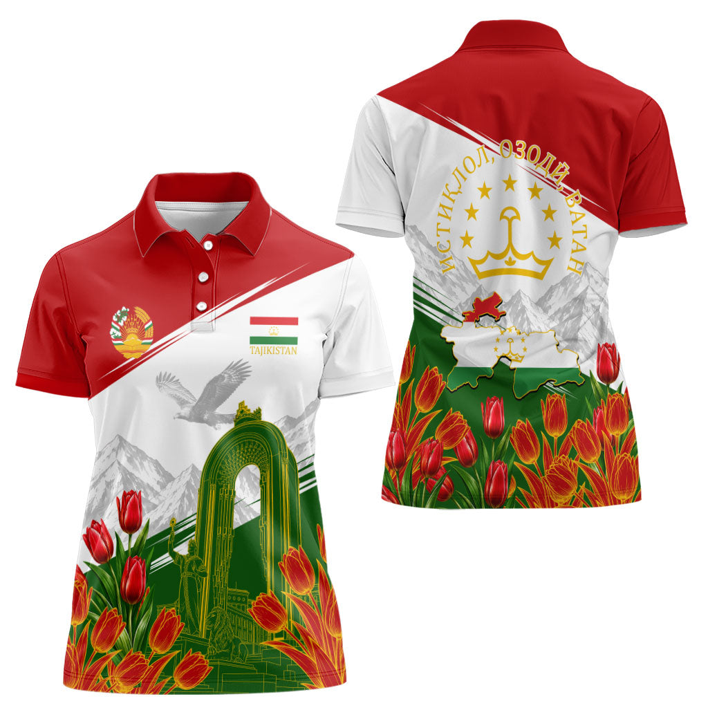 Tajikistan Independence Day Women Polo Shirt Ismoil Somoni Monument Flag Map Red Tulips