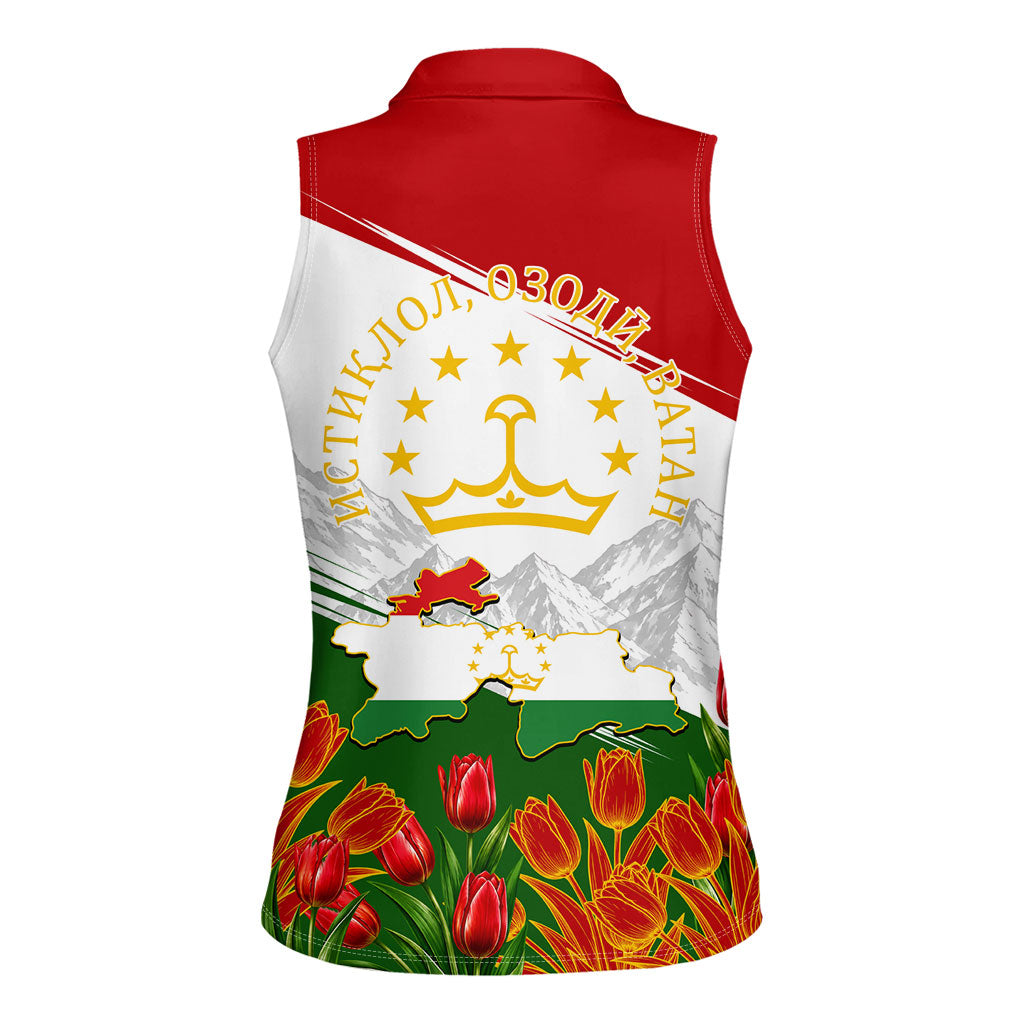 Tajikistan Independence Day Women Sleeveless Polo Shirt Ismoil Somoni Monument Flag Map Red Tulips