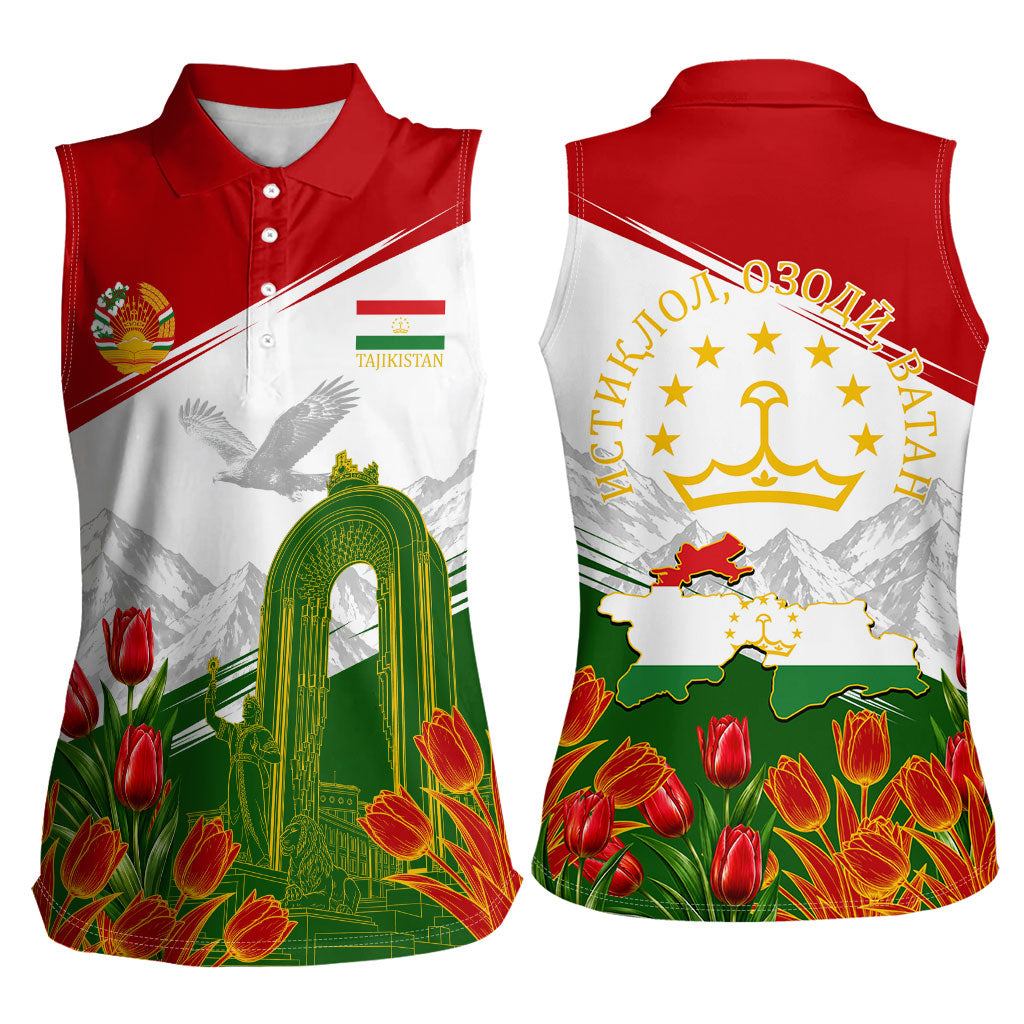 Tajikistan Independence Day Women Sleeveless Polo Shirt Ismoil Somoni Monument Flag Map Red Tulips