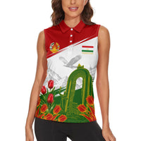 Tajikistan Independence Day Women Sleeveless Polo Shirt Ismoil Somoni Monument Flag Map Red Tulips