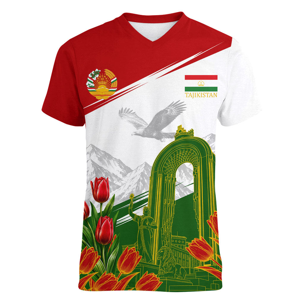 Tajikistan Independence Day Women V-Neck T-Shirt Ismoil Somoni Monument Flag Map Red Tulips