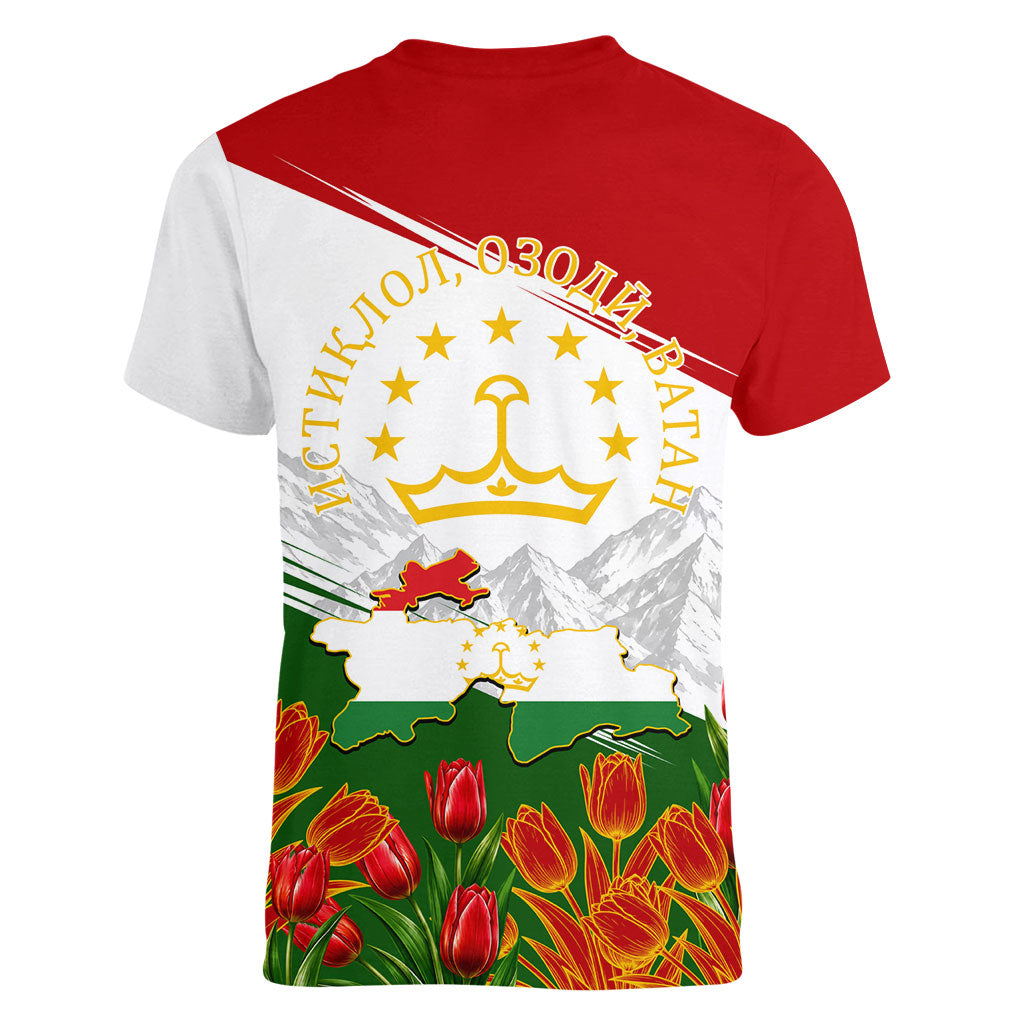 Tajikistan Independence Day Women V-Neck T-Shirt Ismoil Somoni Monument Flag Map Red Tulips