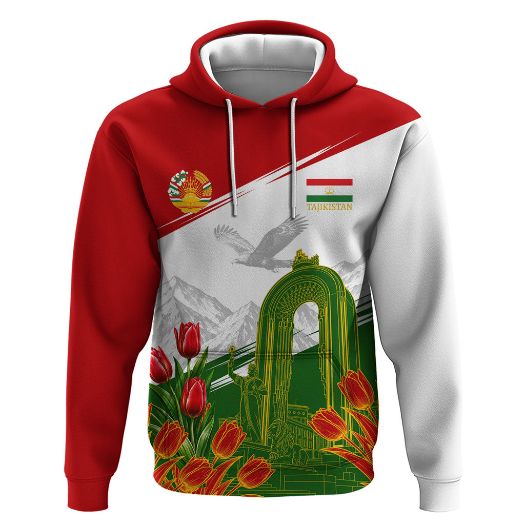 Tajikistan Independence Day Zip Hoodie Ismoil Somoni Monument Flag Map Red Tulips