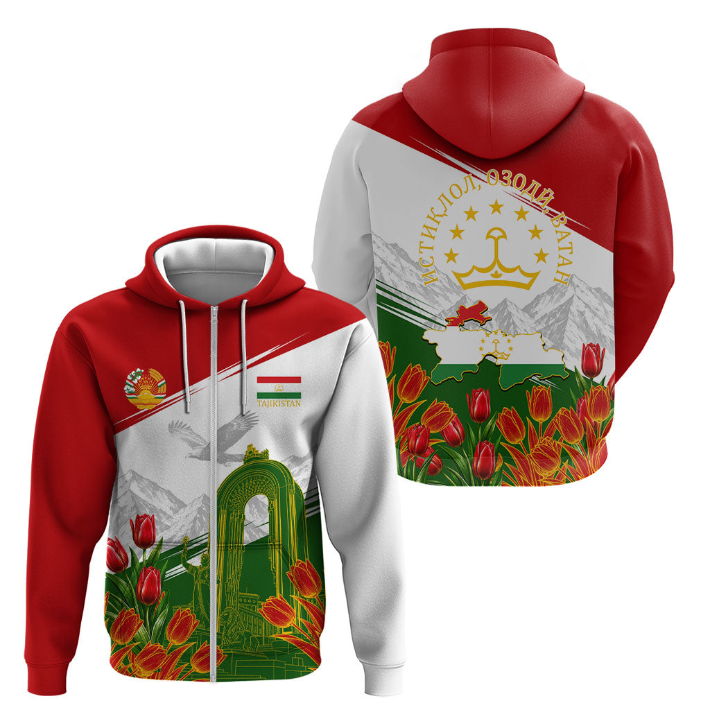 Tajikistan Independence Day Zip Hoodie Ismoil Somoni Monument Flag Map Red Tulips