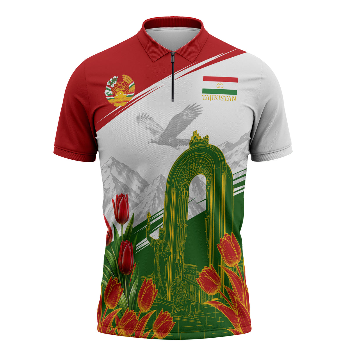 Tajikistan Independence Day Zipper Polo Shirt Ismoil Somoni Monument Flag Map Red Tulips