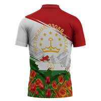 Tajikistan Independence Day Zipper Polo Shirt Ismoil Somoni Monument Flag Map Red Tulips