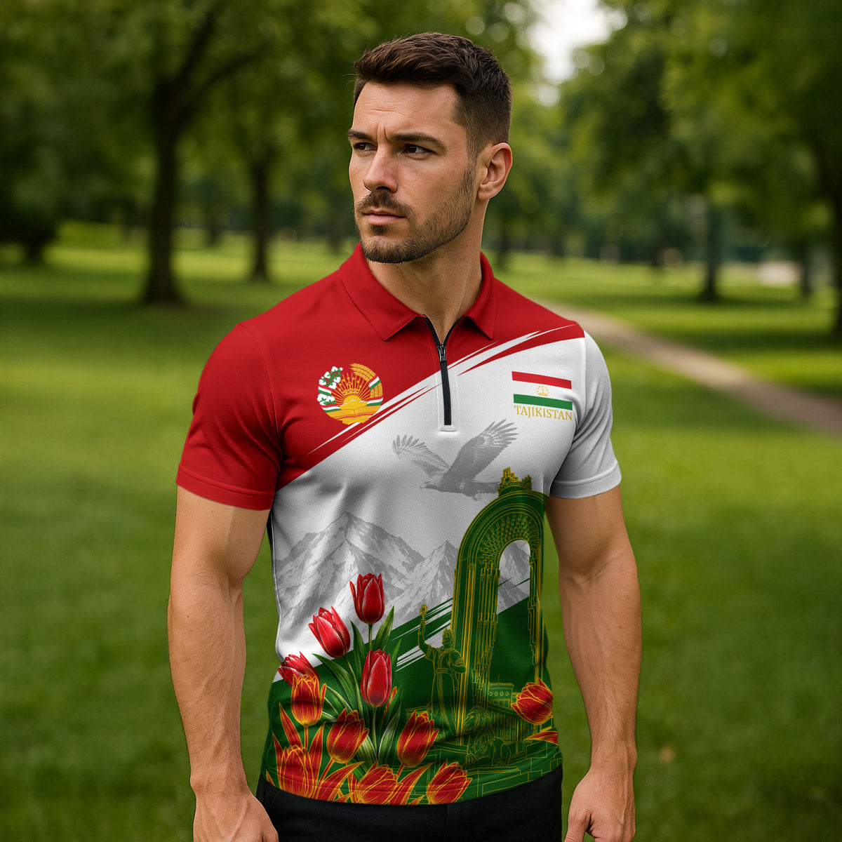 Tajikistan Independence Day Zipper Polo Shirt Ismoil Somoni Monument Flag Map Red Tulips