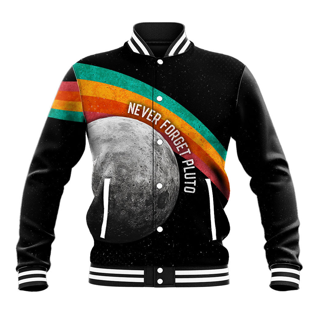 Never Forget Pluto 1930-2006 Baseball Jacket Vintage Retro Rainbow Planet Outer Space Astronomy Graphic Art