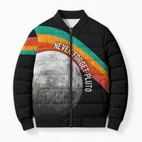 Never Forget Pluto 1930-2006 Bomber Puffer Jacket Vintage Retro Rainbow Planet Outer Space Astronomy Graphic Art