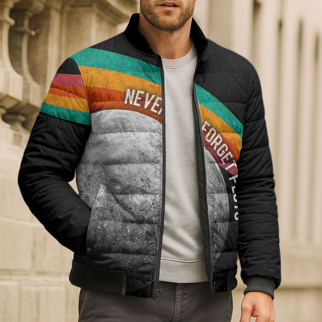 Never Forget Pluto 1930-2006 Bomber Puffer Jacket Vintage Retro Rainbow Planet Outer Space Astronomy Graphic Art