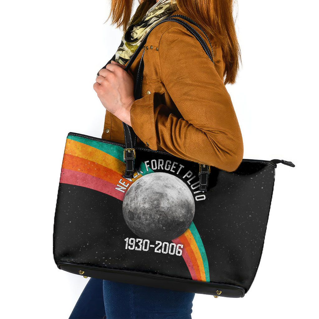 Never Forget Pluto 1930-2006 Leather Tote Bag Vintage Retro Rainbow Planet Outer Space Astronomy Graphic Art