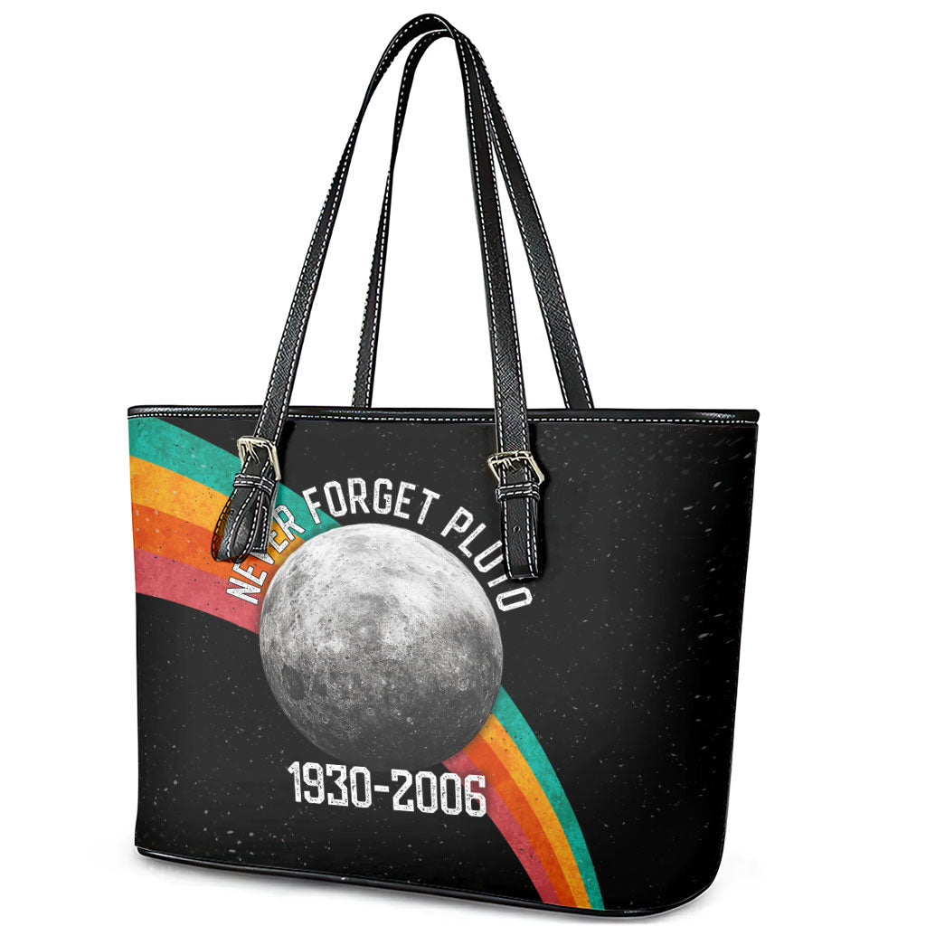 Never Forget Pluto 1930-2006 Leather Tote Bag Vintage Retro Rainbow Planet Outer Space Astronomy Graphic Art