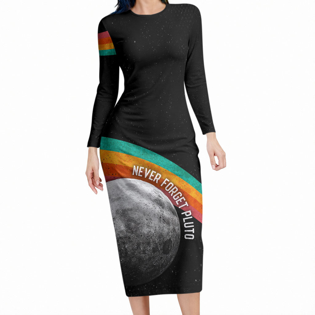 Never Forget Pluto 1930-2006 Long Sleeve Bodycon Dress Vintage Retro Rainbow Planet Outer Space Astronomy Graphic Art