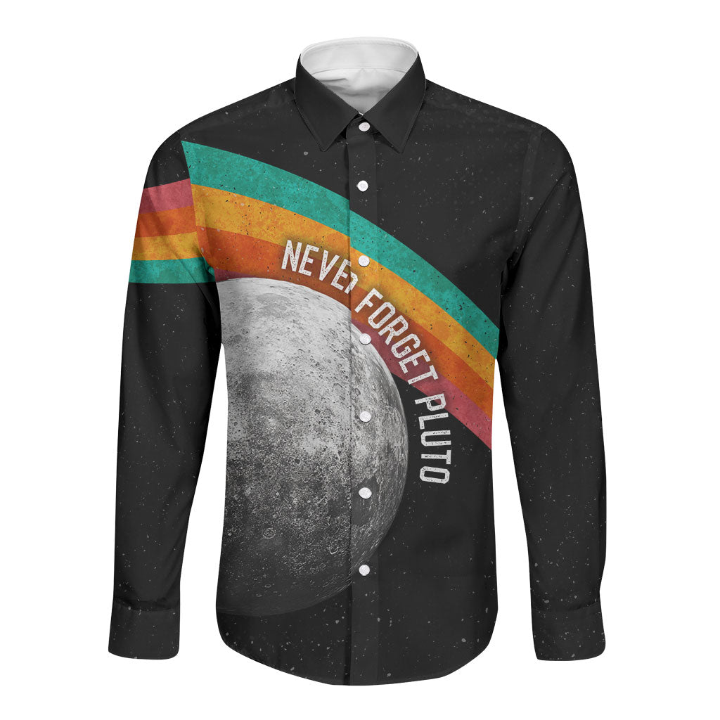 Never Forget Pluto 1930-2006 Long Sleeve Button Shirt Vintage Retro Rainbow Planet Outer Space Astronomy Graphic Art