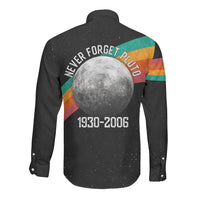 Never Forget Pluto 1930-2006 Long Sleeve Button Shirt Vintage Retro Rainbow Planet Outer Space Astronomy Graphic Art