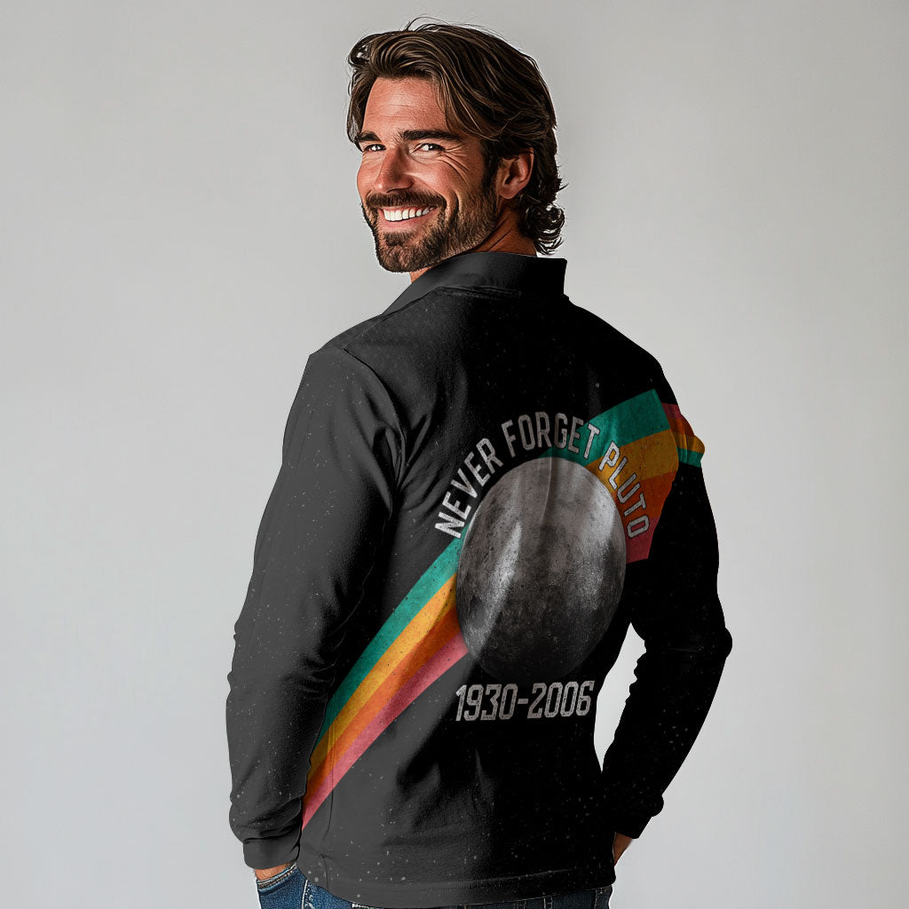 Never Forget Pluto 1930-2006 Long Sleeve Polo Shirt Vintage Retro Rainbow Planet Outer Space Astronomy Graphic Art