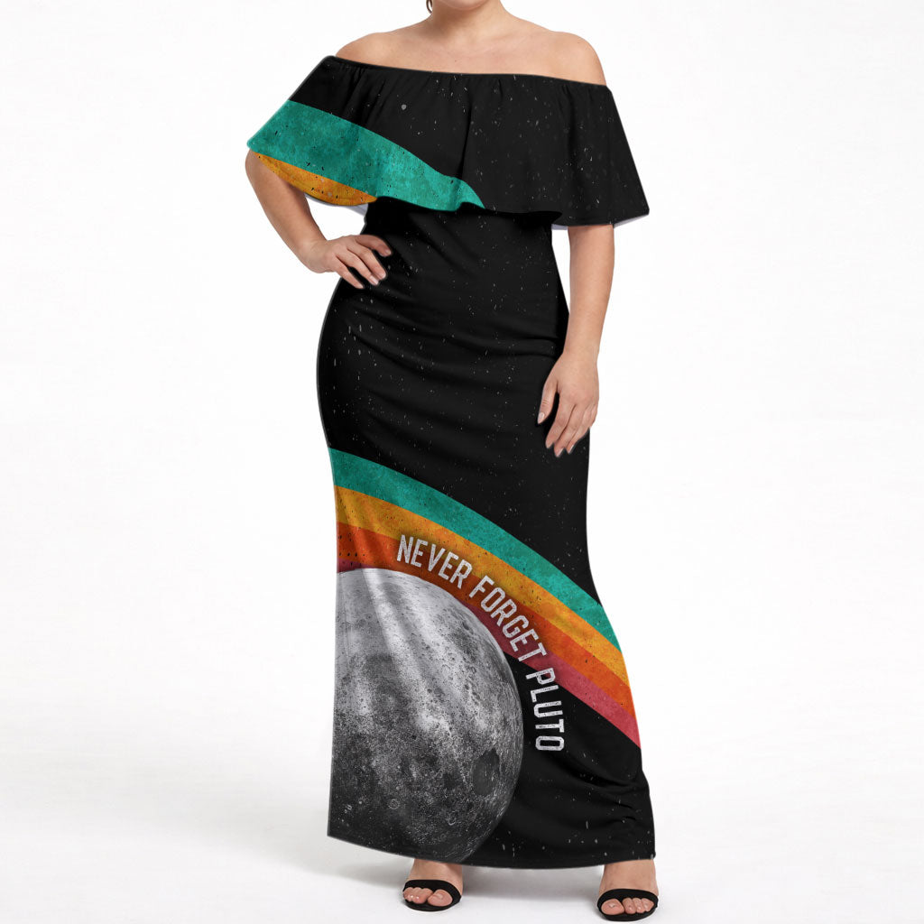 Never Forget Pluto 1930-2006 Off Shoulder Maxi Dress Vintage Retro Rainbow Planet Outer Space Astronomy Graphic Art