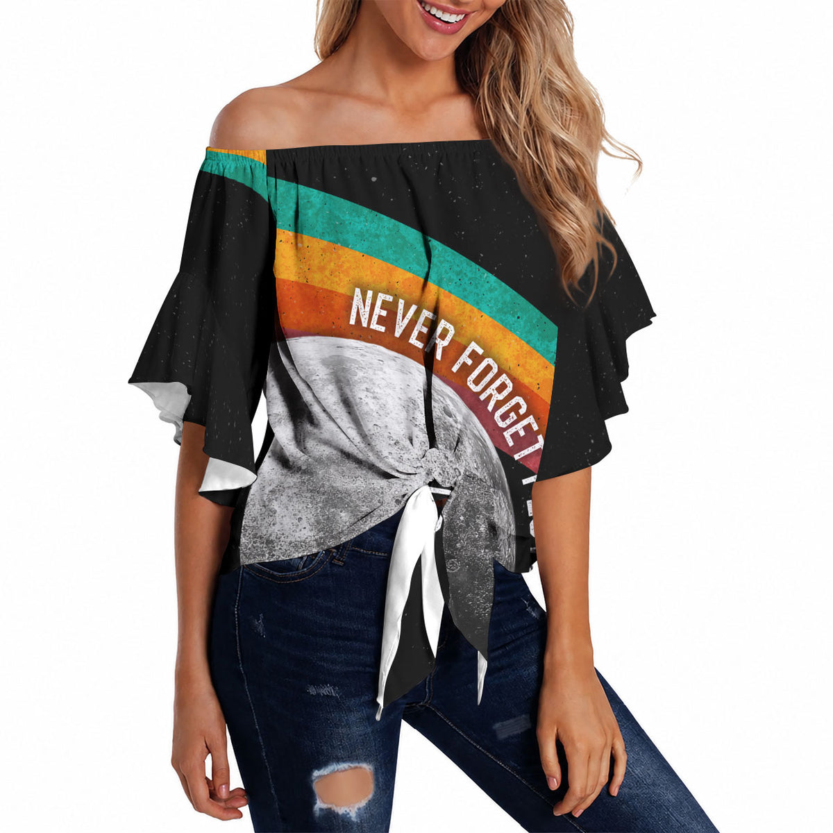Never Forget Pluto 1930-2006 Off Shoulder Wrap Waist Top Vintage Retro Rainbow Planet Outer Space Astronomy Graphic Art