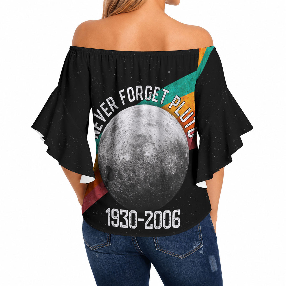 Never Forget Pluto 1930-2006 Off Shoulder Wrap Waist Top Vintage Retro Rainbow Planet Outer Space Astronomy Graphic Art