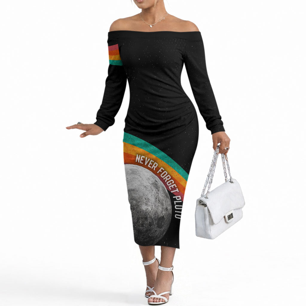 Never Forget Pluto 1930-2006 Off The Shoulder Long Sleeve Dress Vintage Retro Rainbow Planet Outer Space Astronomy Graphic Art