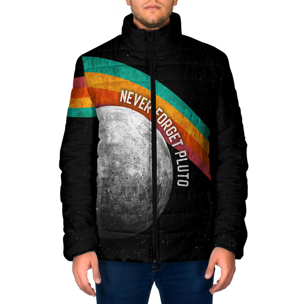 Never Forget Pluto 1930-2006 Padded Jacket Vintage Retro Rainbow Planet Outer Space Astronomy Graphic Art