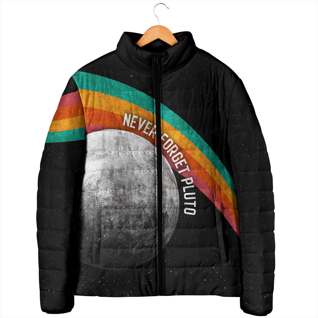 Never Forget Pluto 1930-2006 Padded Jacket Vintage Retro Rainbow Planet Outer Space Astronomy Graphic Art