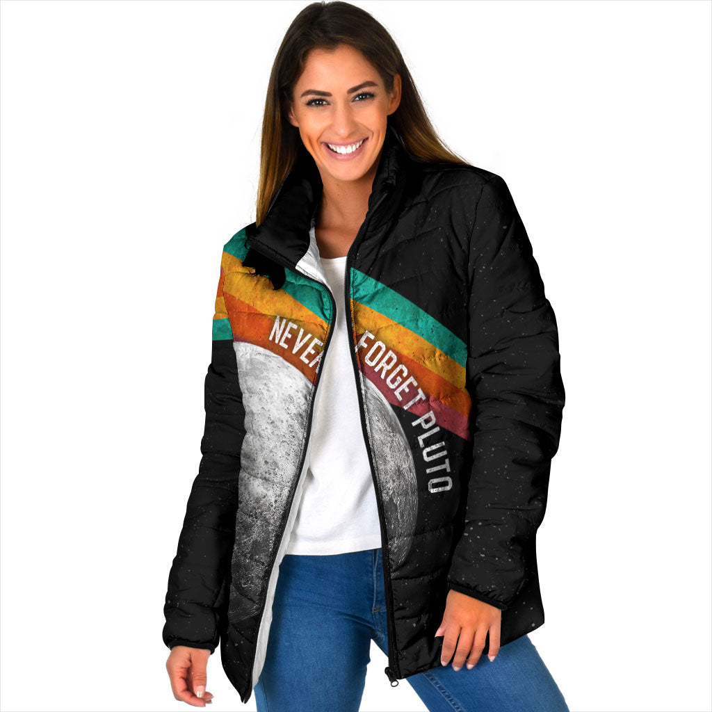 Never Forget Pluto 1930-2006 Padded Jacket Vintage Retro Rainbow Planet Outer Space Astronomy Graphic Art