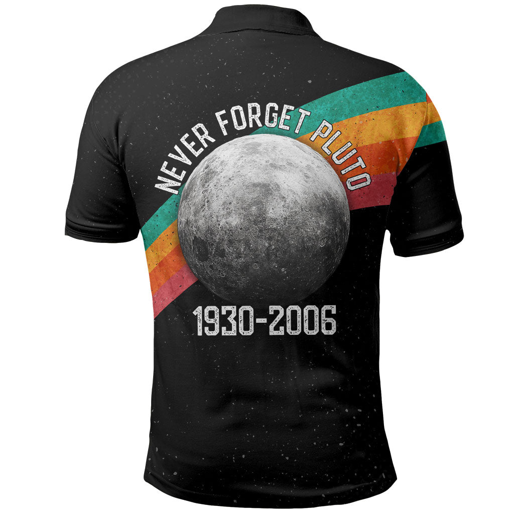 Never Forget Pluto 1930-2006 Polo Shirt Vintage Retro Rainbow Planet Outer Space Astronomy Graphic Art