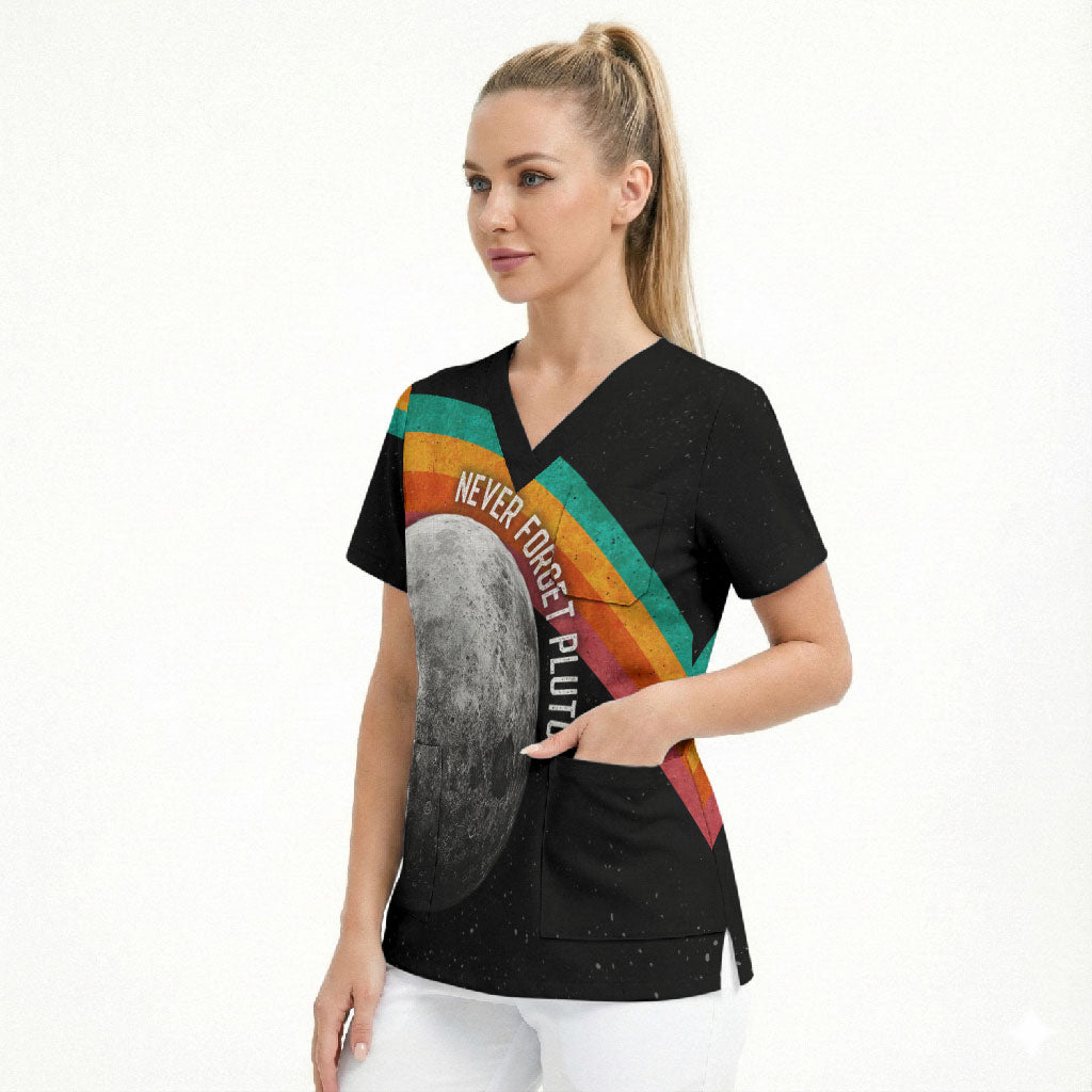 Never Forget Pluto 1930-2006 Scrub Top Vintage Retro Rainbow Planet Outer Space Astronomy Graphic Art