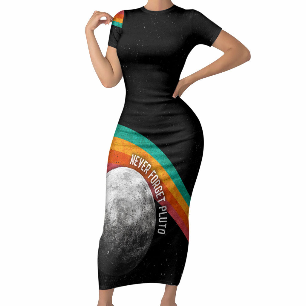 Never Forget Pluto 1930-2006 Short Sleeve Bodycon Dress Vintage Retro Rainbow Planet Outer Space Astronomy Graphic Art