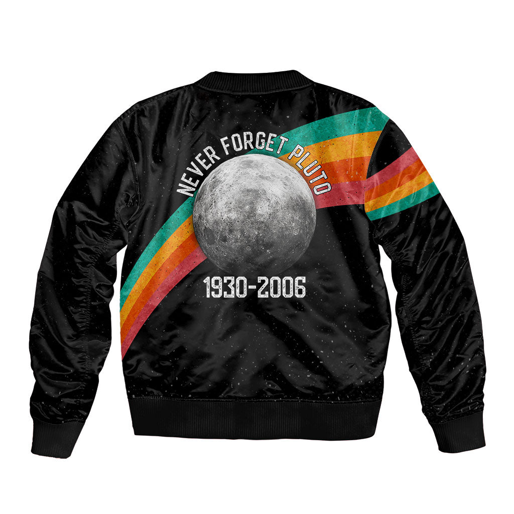 Never Forget Pluto 1930-2006 Sleeve Zip Bomber Jacket Vintage Retro Rainbow Planet Outer Space Astronomy Graphic Art