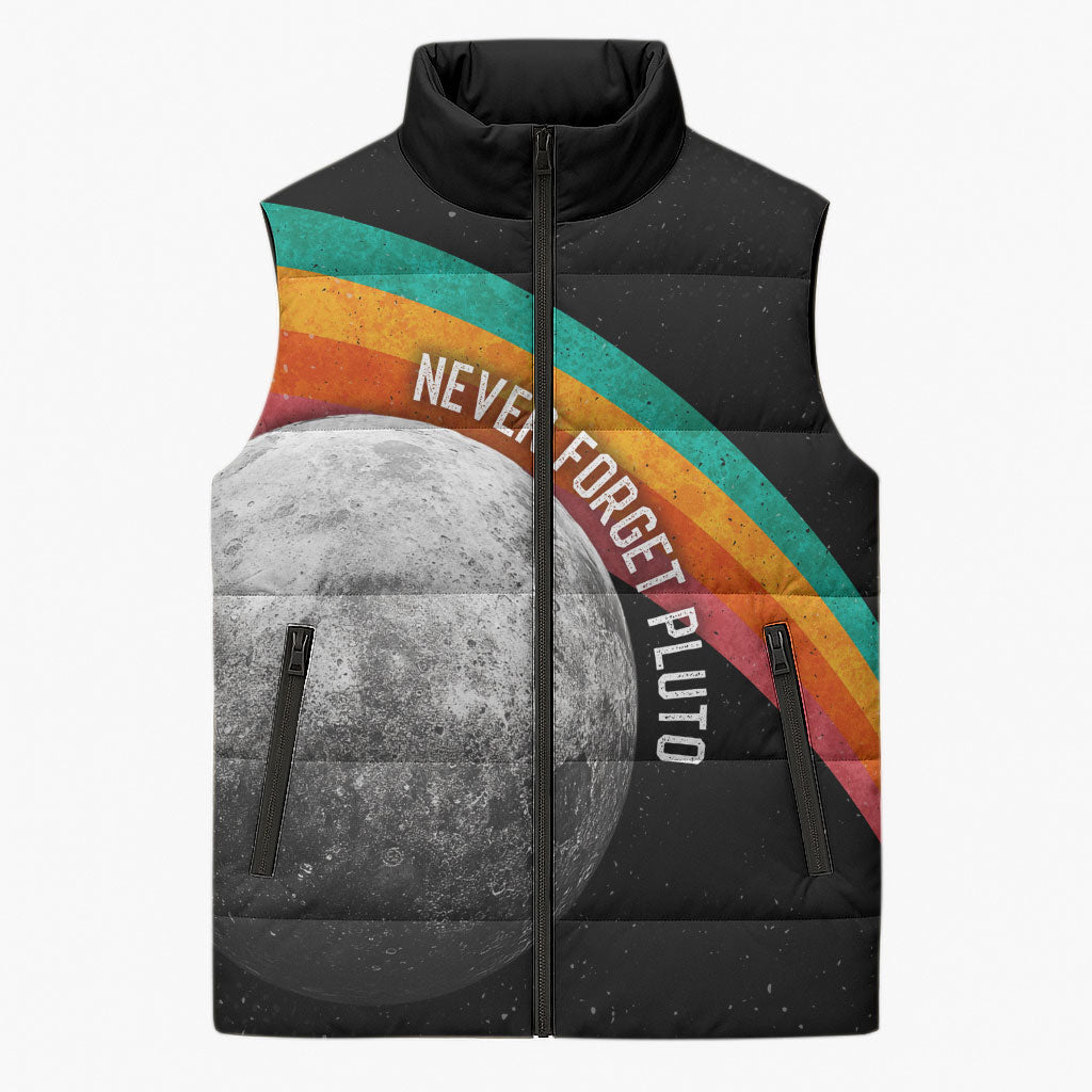 Never Forget Pluto 1930-2006 Sleeveless Puffer Jacket Vintage Retro Rainbow Planet Outer Space Astronomy Graphic Art