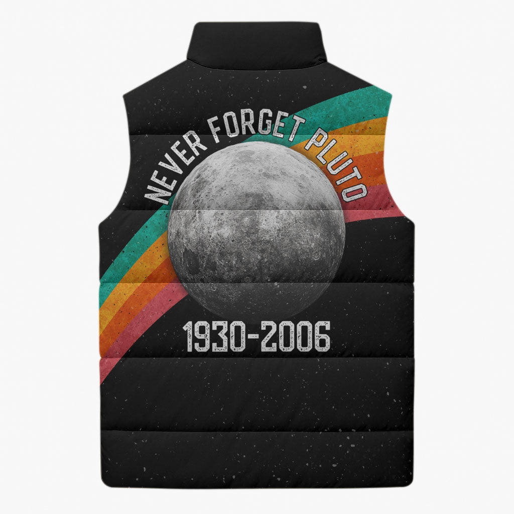 Never Forget Pluto 1930-2006 Sleeveless Puffer Jacket Vintage Retro Rainbow Planet Outer Space Astronomy Graphic Art