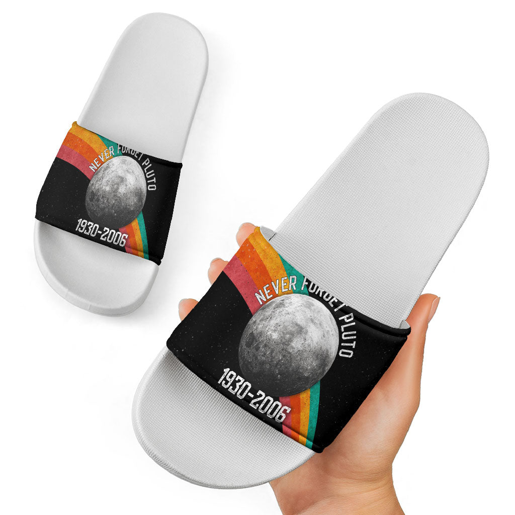 Never Forget Pluto 1930-2006 Slide Sandals Vintage Retro Rainbow Planet Outer Space Astronomy Graphic Art