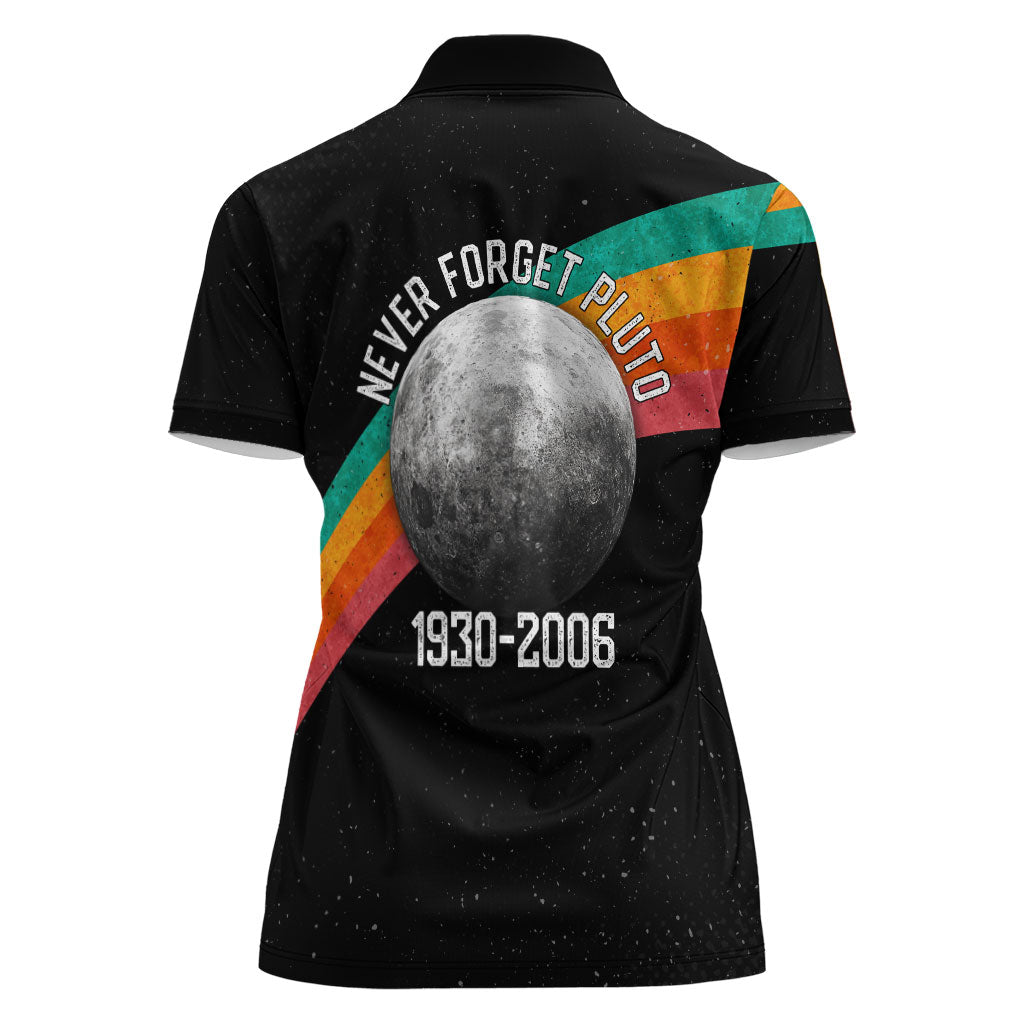Never Forget Pluto 1930-2006 Women Polo Shirt Vintage Retro Rainbow Planet Outer Space Astronomy Graphic Art