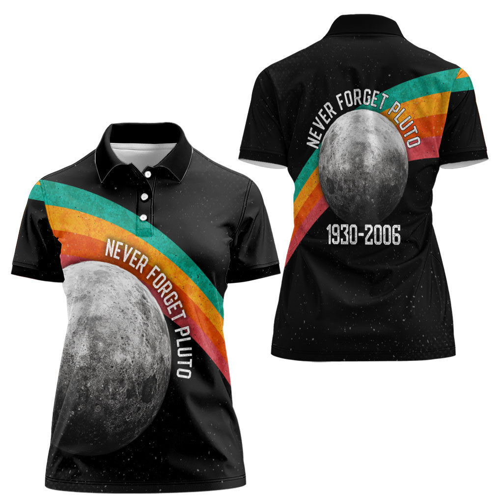 Never Forget Pluto 1930-2006 Women Polo Shirt Vintage Retro Rainbow Planet Outer Space Astronomy Graphic Art