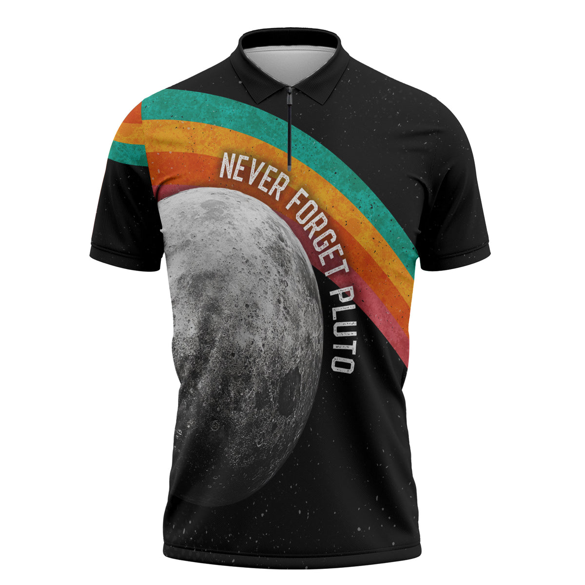 Never Forget Pluto 1930-2006 Zipper Polo Shirt Vintage Retro Rainbow Planet Outer Space Astronomy Graphic Art