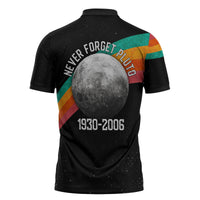 Never Forget Pluto 1930-2006 Zipper Polo Shirt Vintage Retro Rainbow Planet Outer Space Astronomy Graphic Art