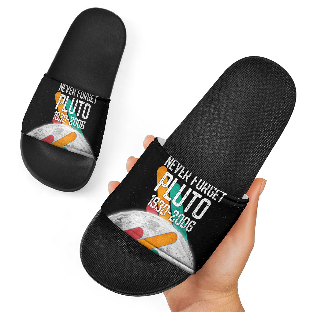 Never Forget Pluto Slide Sandals Retro Space Astronomy Science