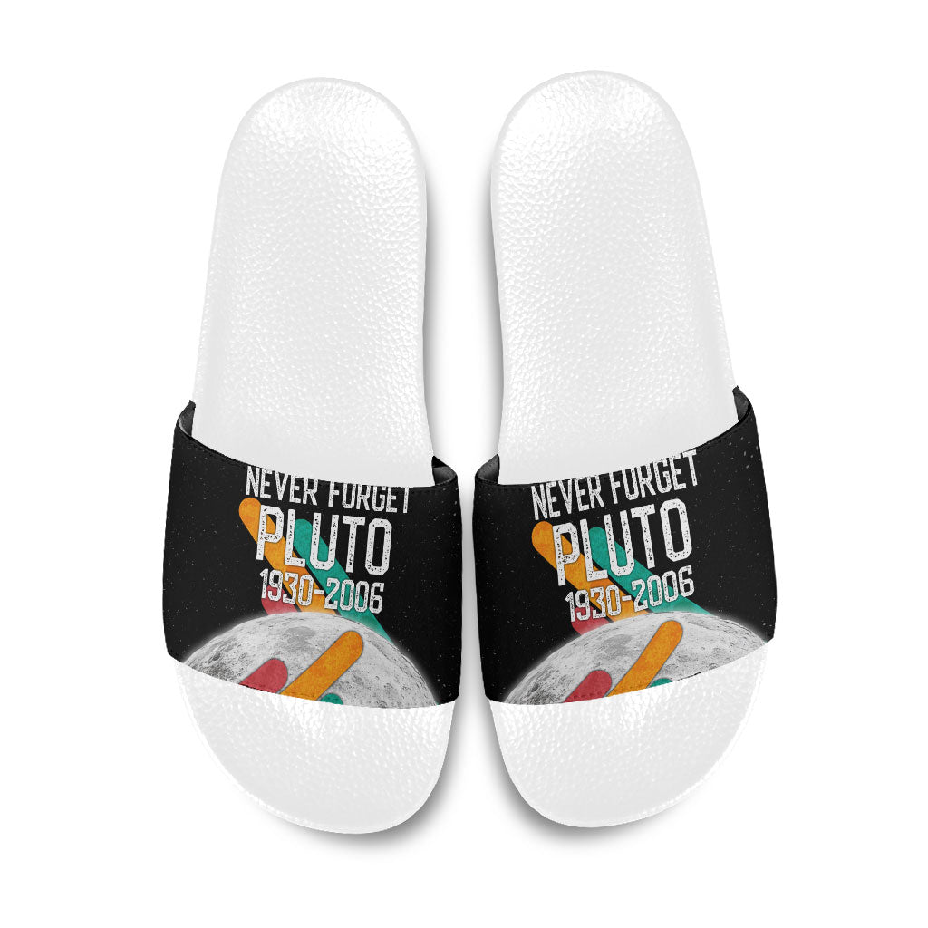 Never Forget Pluto Slide Sandals Retro Space Astronomy Science