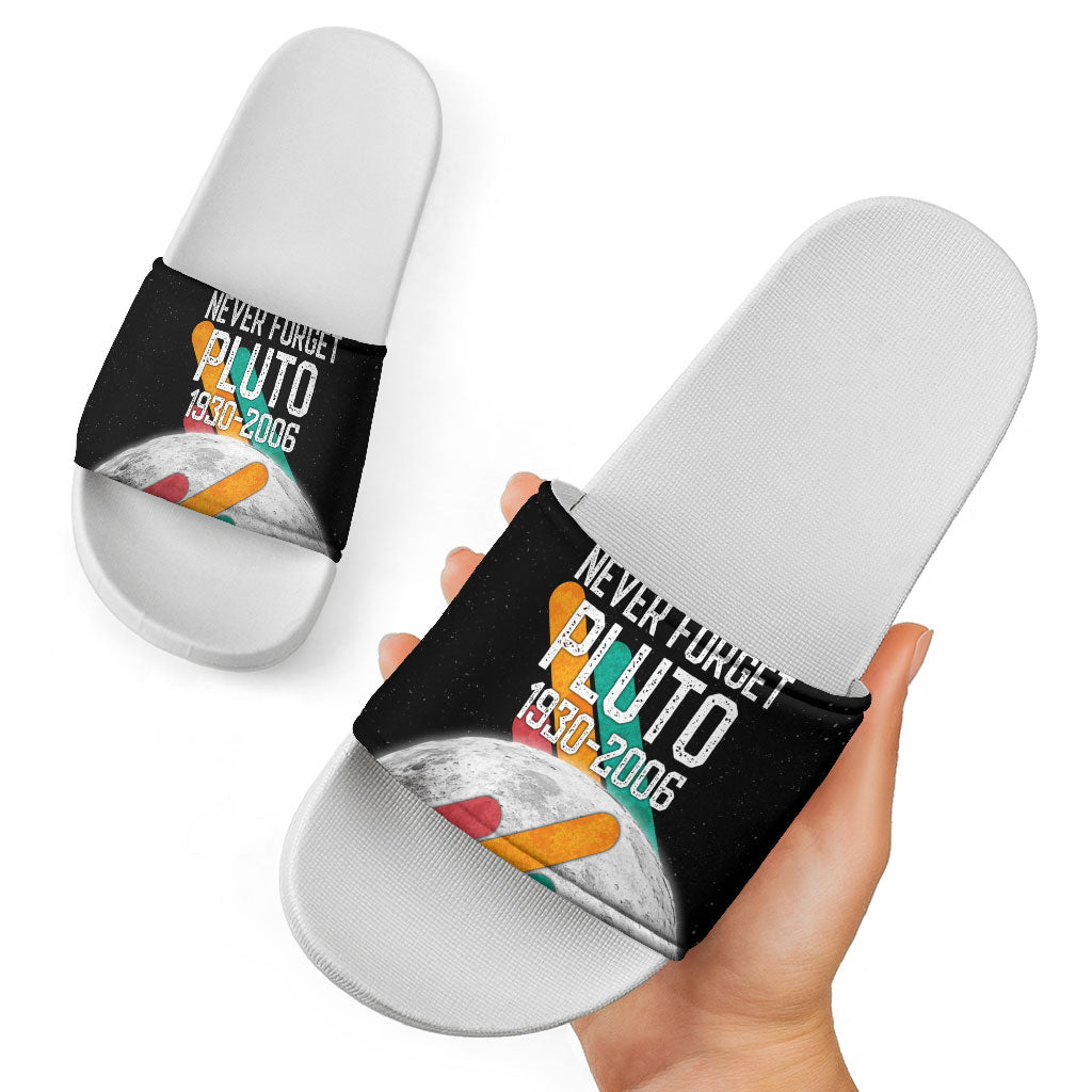 Never Forget Pluto Slide Sandals Retro Space Astronomy Science